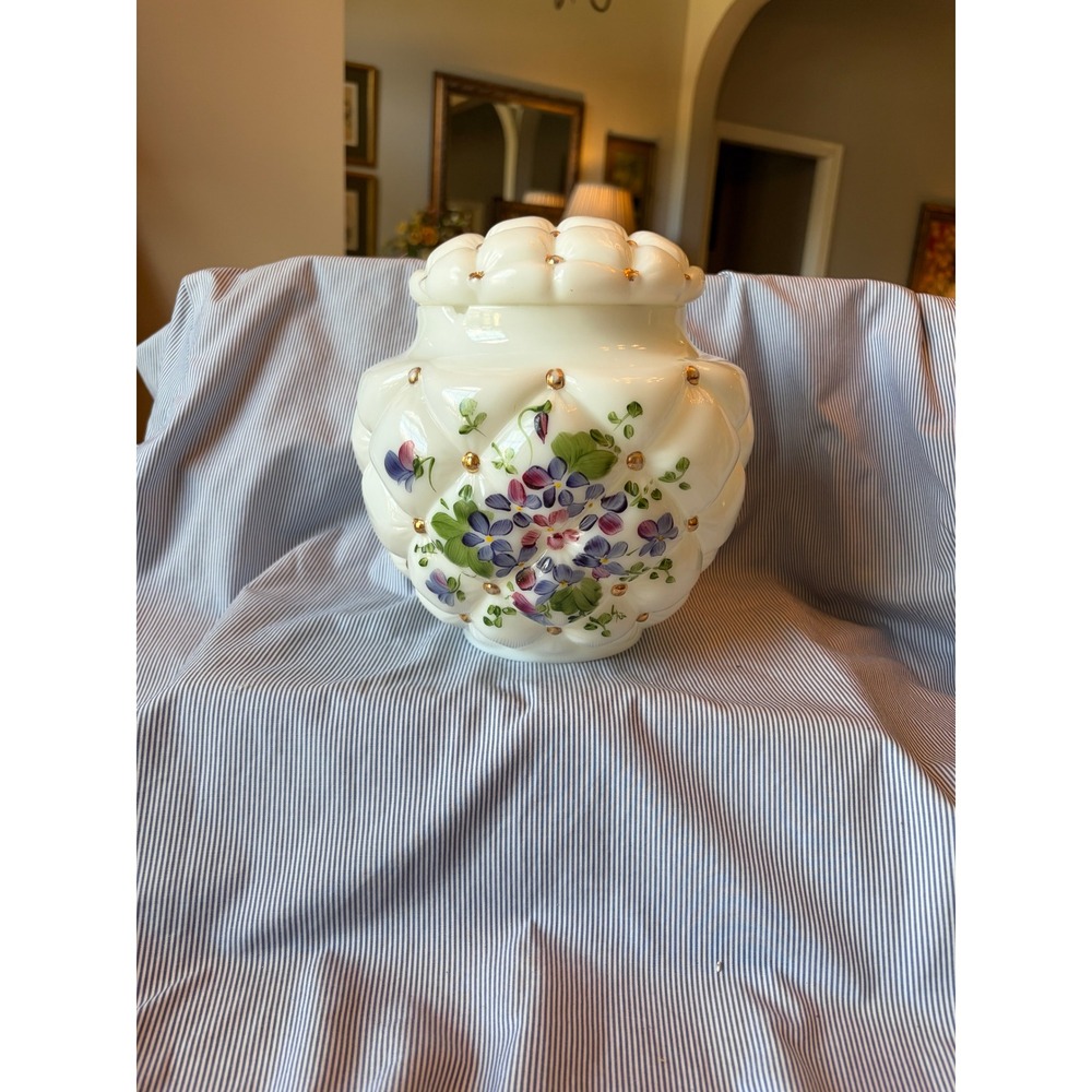 Vintage 1950s Consolidate Milk Glass Beaded Melon Hand Painted Violet Cookie Jar